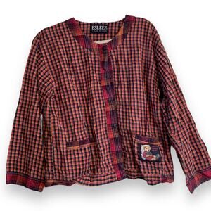 Vintage 80s Esleep Pink Blue Plaid Teddy Bear Patch Button Up Top Size Medium